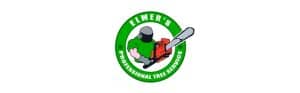 Elmer's tree service logo with chainsaw illustration.
