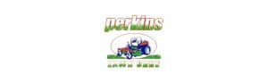 Perkins Lawn Care logo with riding mower graphic.