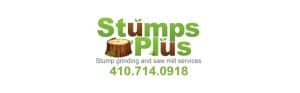 Stumps Plus logo, stump grinding services contact number.
