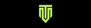 Green geometric logo on black background
